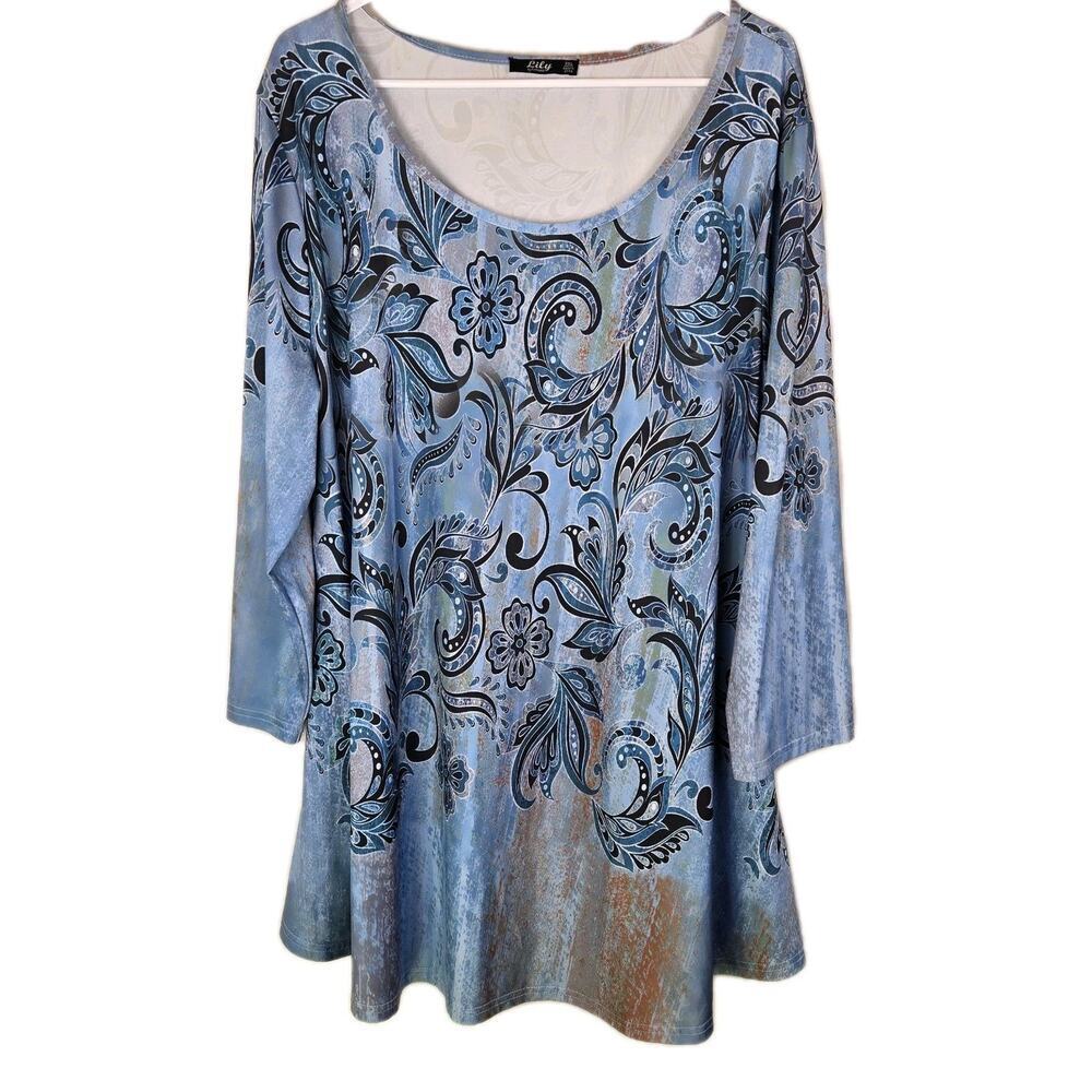 Lily by Firmiana Tunic Top Size 3X Blue Paisley V NeckCOASTAL GRANDMA Y2K Ombre